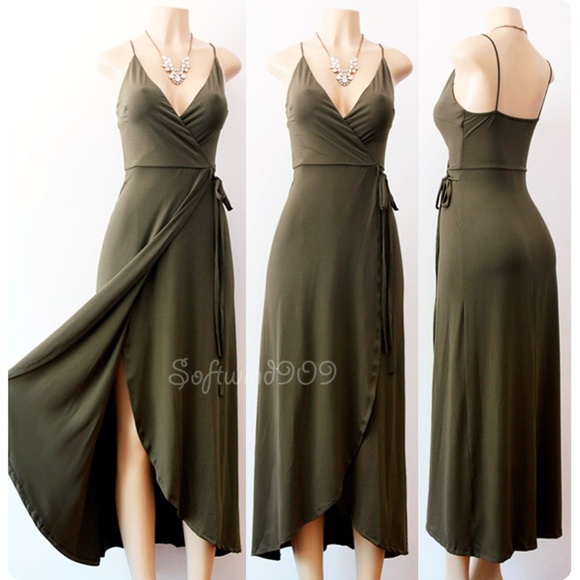 TRAC Dresses & Skirts - Last☝️ Olive Green Plunge Surplice Maxi Wrap Dress